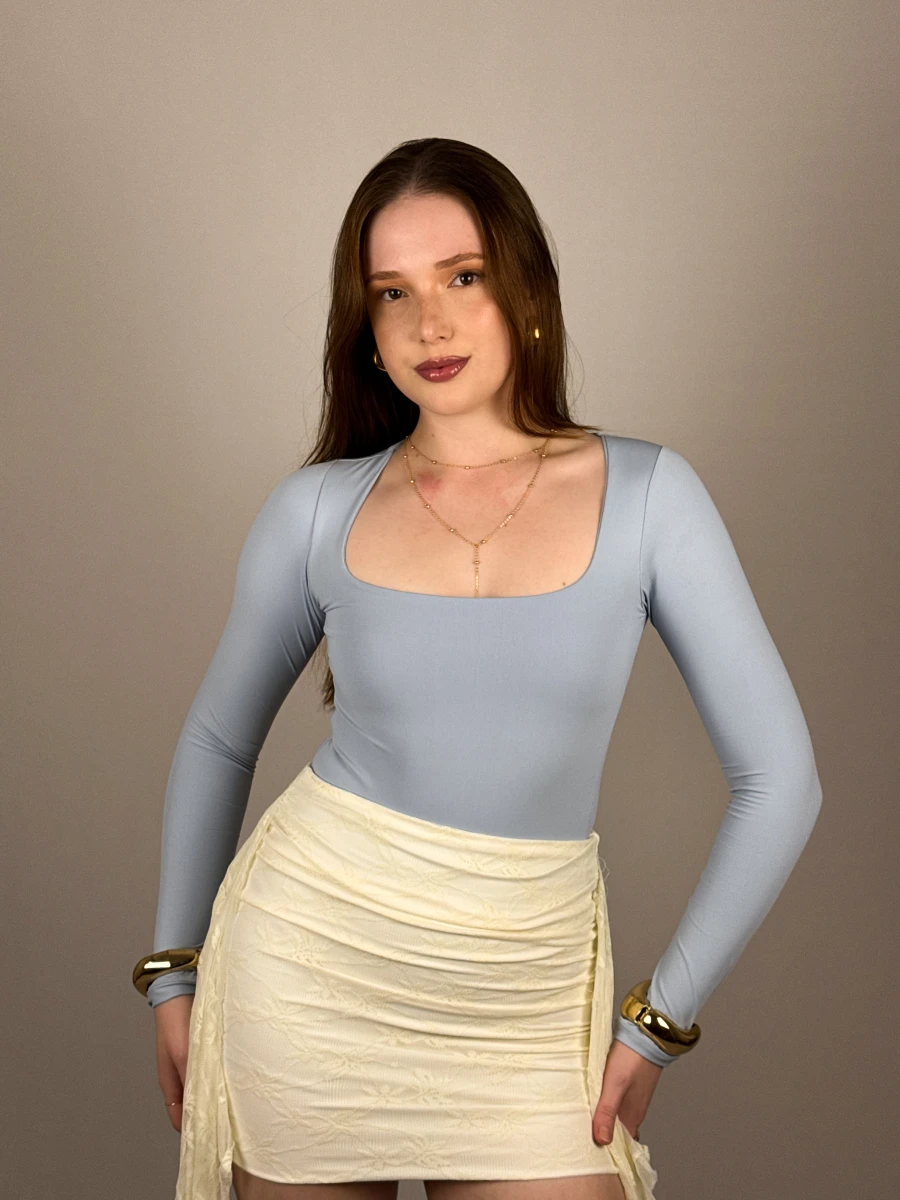 Body Manga Longa Com Decote Quadrado Azul Claro - Imagem 3